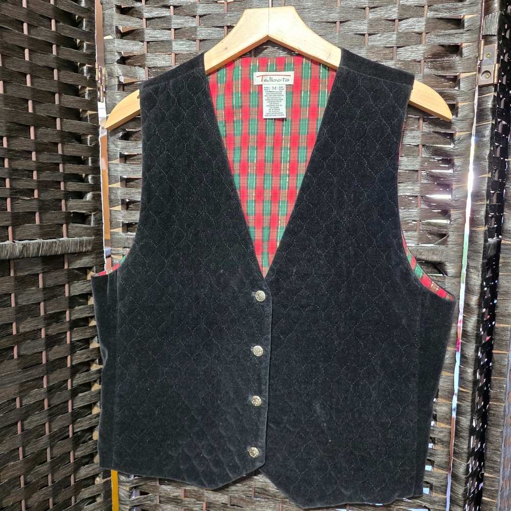 Talbots Black Quilted Velvet Vest Plaid Lined Gold Buttons Holiday Womens M